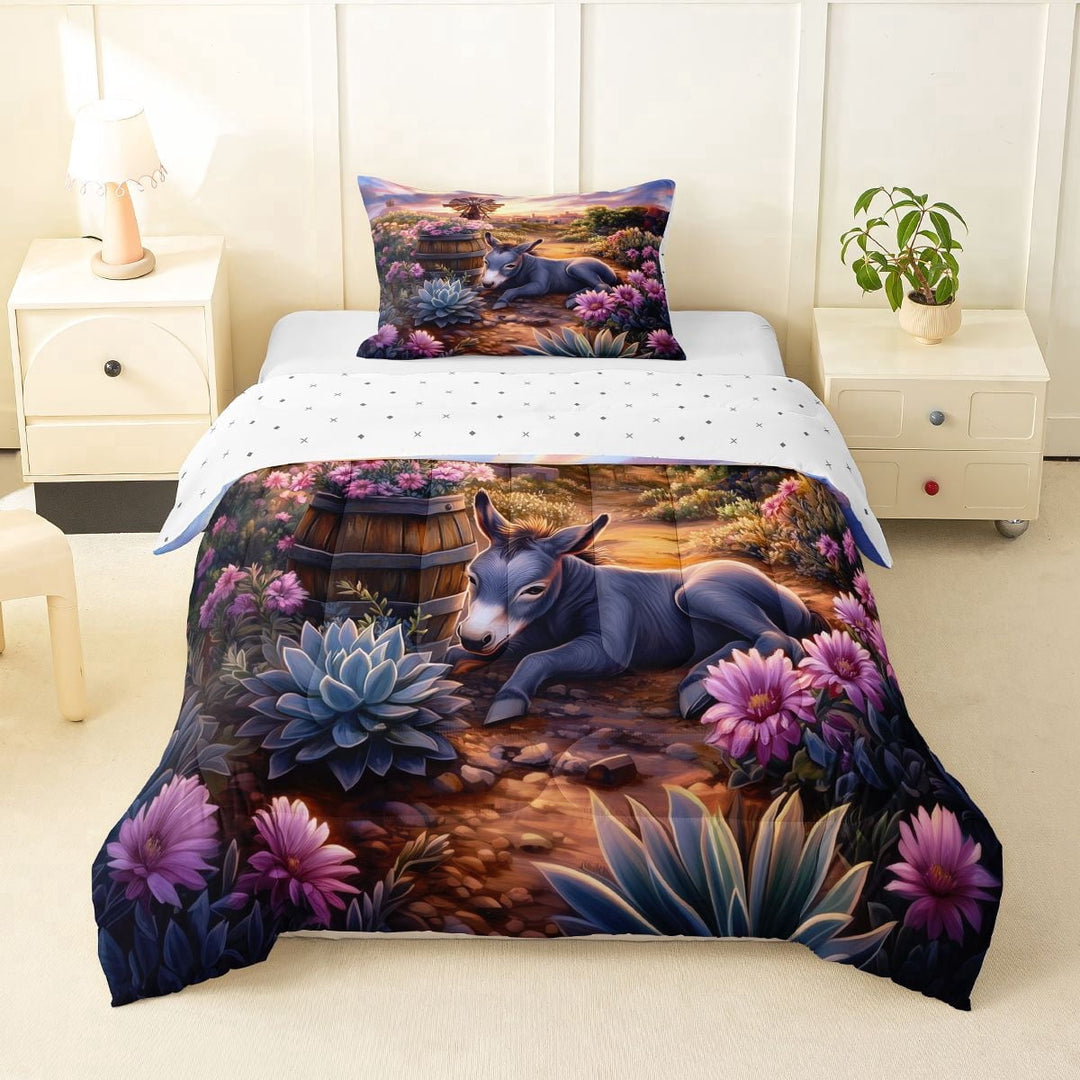 Erosebridal Donkey Foal Village Print Twin Comforter Sets, Rustic Farm Bedding Set for Kids Boys and Girls, Reversible 2pcs, 1 Comforter and 1 Pillowcase