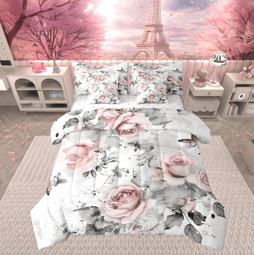 7Pcs Retro Ink Painting Full Comforter Set,Vintage Rose Flowers Bedding Sets,Watercolor Tie Dye Bed In A Bag,Grey Leaves Plants Sheet Set with Comforter Women Lady