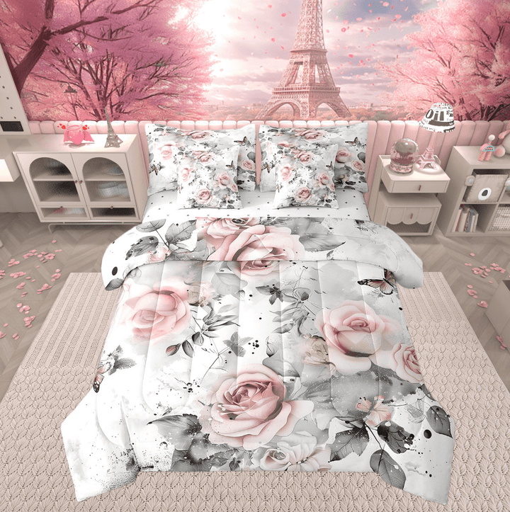 7Pcs Retro Ink Painting Full Comforter Set,Vintage Rose Flowers Bedding Sets,Watercolor Tie Dye Bed In A Bag,Grey Leaves Plants Sheet Set with Comforter Women Lady