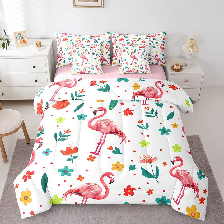 Flamingo Bedding Set Pink Animal Twin 7Pcs Bedding Cute Flower Animal Comforter Set, Wild Animal Botanical Flower 3D Comforter +Flat Sheet +Fitted Sheet +2 Pillowcases +2 Throw Pillow Covers