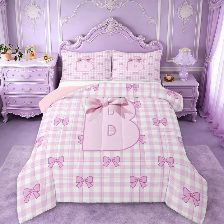 Erosebridal Letter B Monogram Full Size Comforter Sets,Pink Princess Bow Bedding Sets For Kids Girls,Pink Reversible,3 Pieces
