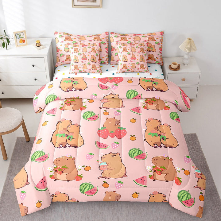 Erosebridal Cartoon Capybara Bedding Sets Twin Size,Pink Brown Comforter Sets with Sheets,Watermelon Strawberry Bed in a Bag Twin size,Ultra Soft Animal Bedroom Decoration,Reversible,7pcs