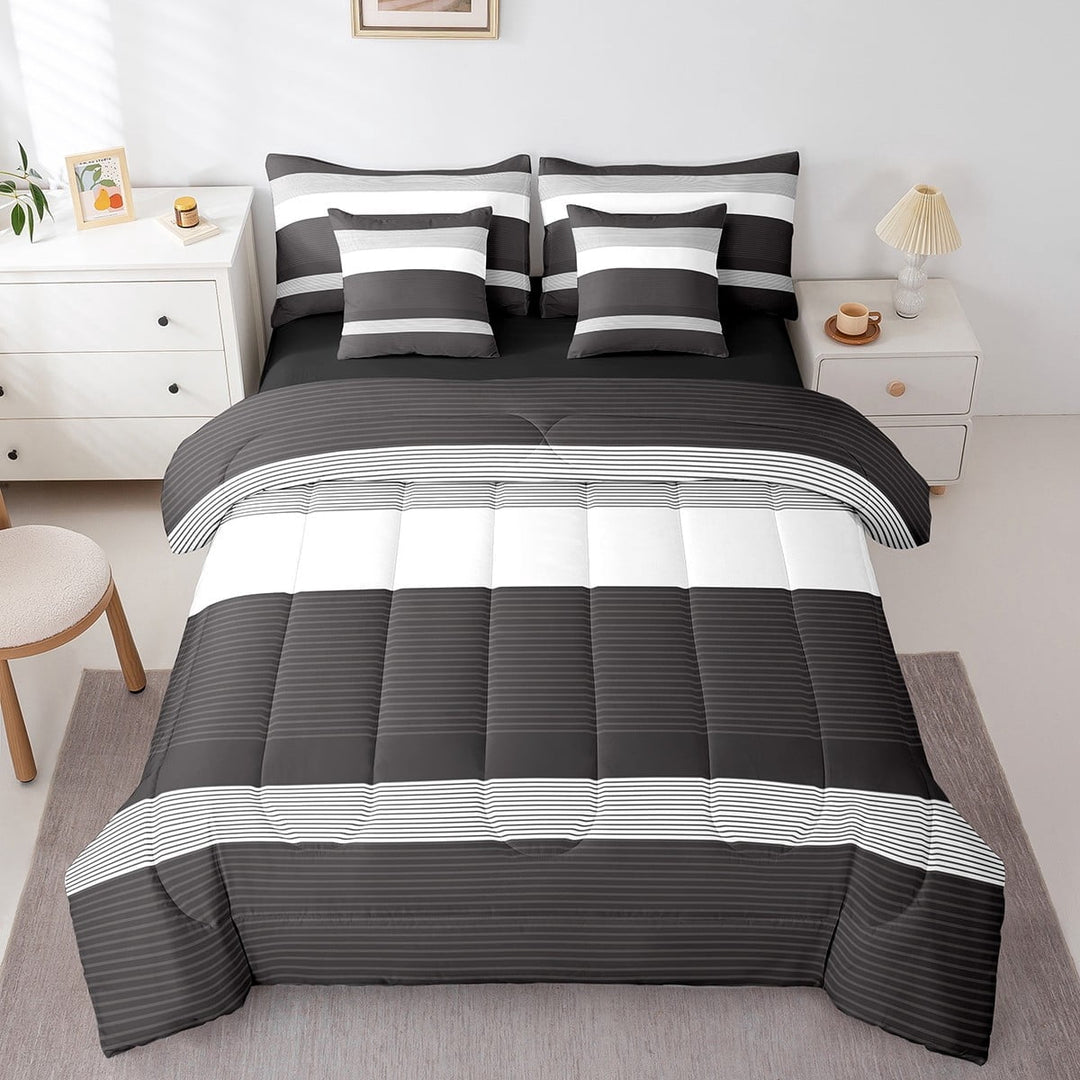 Erosebridal Geometric Stripes Bedding Sets Twin Size,Black White Comforter Sets with Sheets,Abstract Artwork Bed in a Bag Twin size,Breathable Lines Room Decoration,Reversible,7pcs