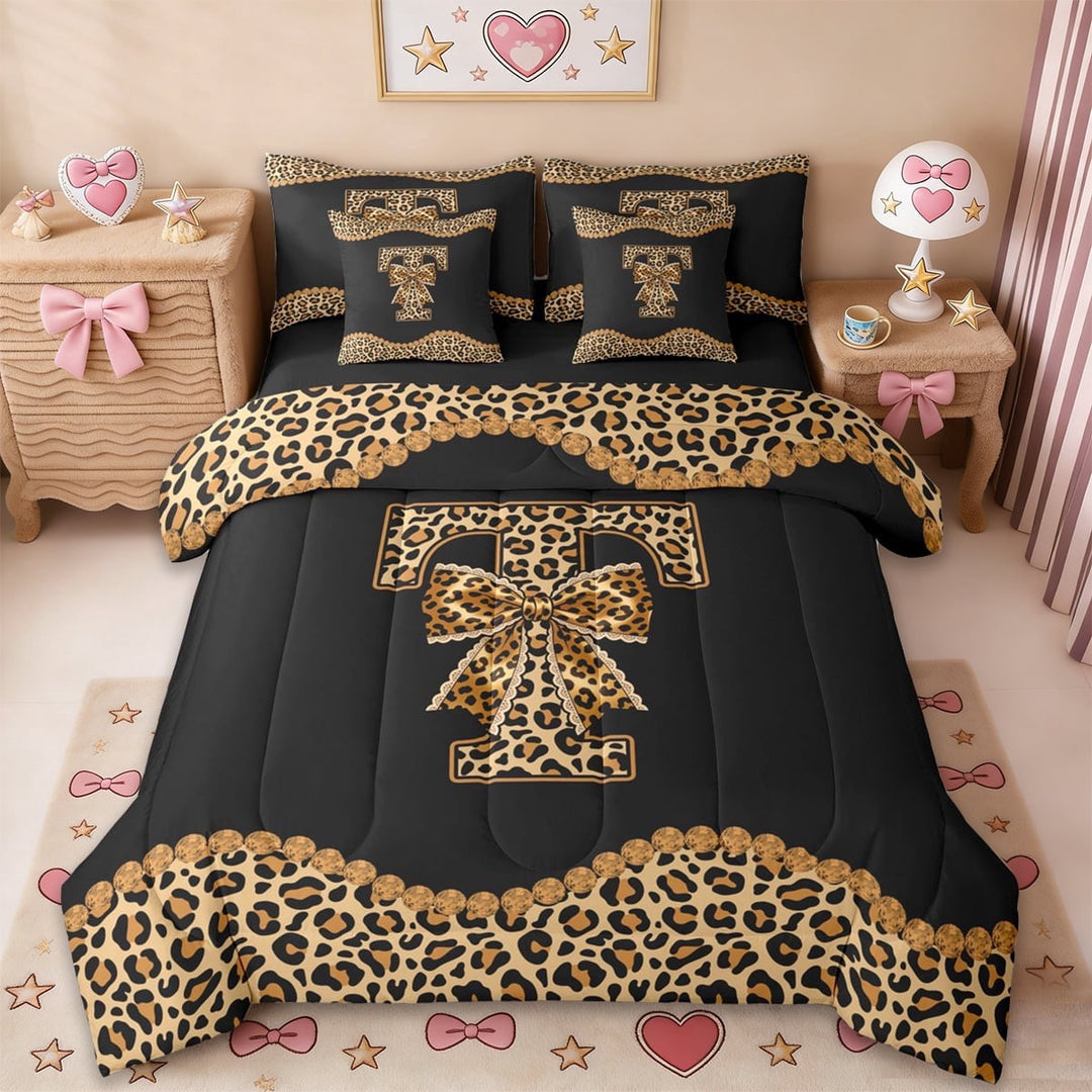 Erosebridal Brown Leopard Print 7-Piece Twin Bedding Sets,Cheetah Bowknot Letter T Alphabet Bedding Comforter Set For Girls Kids,Black Reversible