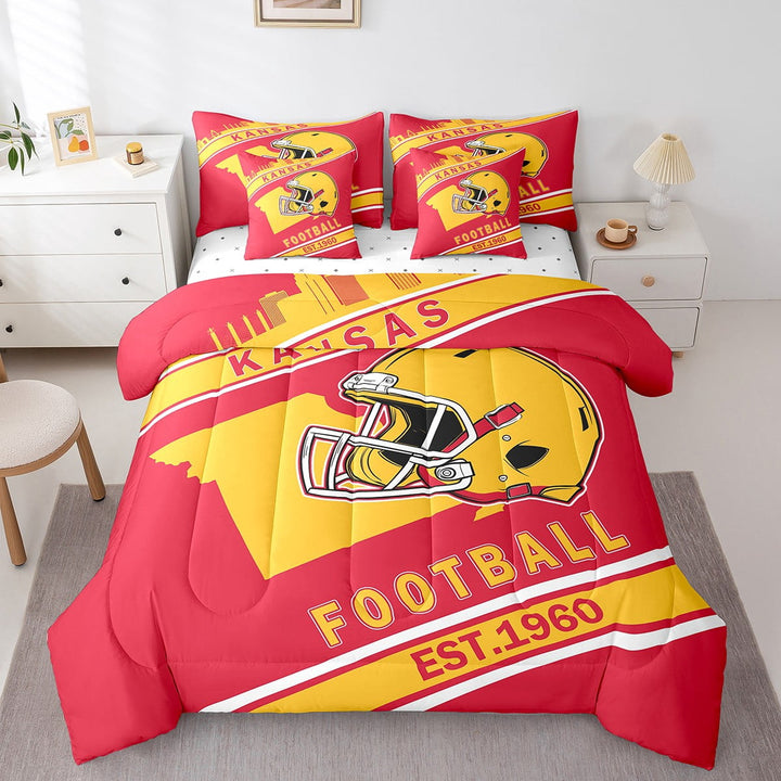 Erosebridal American Football Bedding Sets Twin Size, Soccer Sports Bed Sheets Set, Red Orange, Kansas, Ultra Soft 7 Pieces