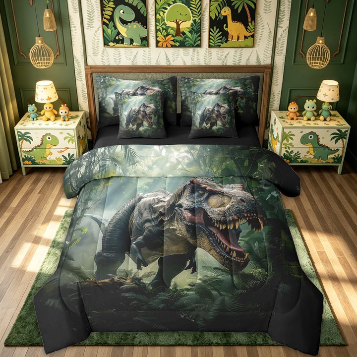 meiyoeat Jungle Tyrannosaurus Full Size Bedding Sets for Boys Men Kids, 3D Wildlife Animal Full Size Bed in a Bag, Green, Black Reversible, 7pcs