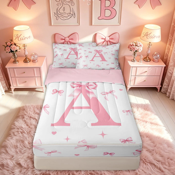 meiyoeat Bow Letter A Zipper Comforter Set with Fitted Sheet and 2 Pillowcases for Girls, Princess Ribbon Print Zipper Bedding Set for Kids, Pink, Pink Reversible, 3-Piece