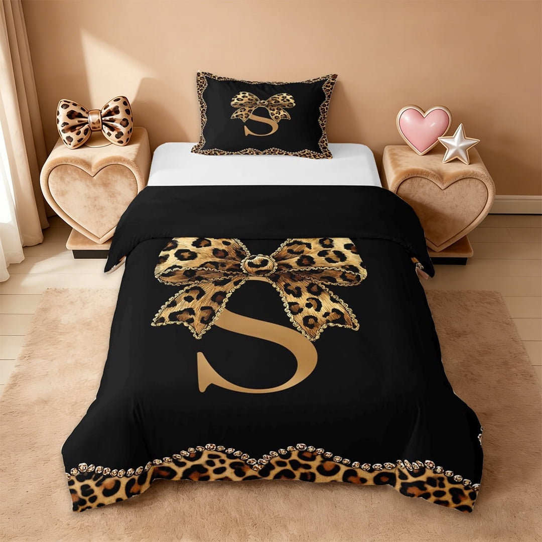 Erosebridal Cheetah Pattern Letter S Twin Bedding,Kids Leopard Printed Duvet Cover Set For Bow Girls,Reversible black,2 Pieces(No Comforter)