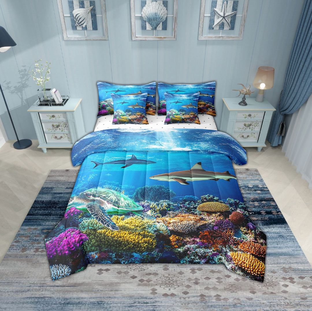 Erosebridal Sea Turtle Shark Bedding Sets Twin Size,Underwater World Comforter Sets with Sheets,Marine Animal Bed in a Bag Twin size,Ultra Soft Ocean Decorative,Reversible,7-Piece