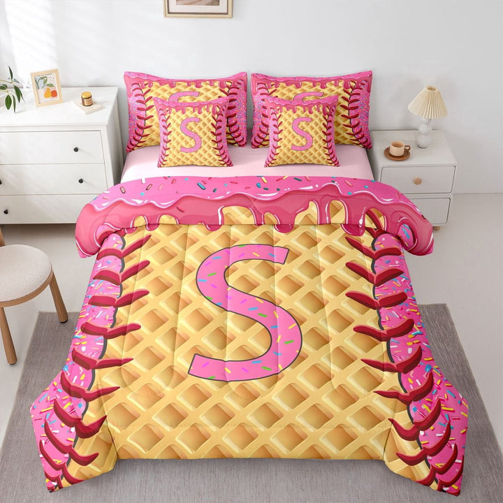 Erosebridal Cartoon Letter S Kids Twin Bedding Sets, Pink Ice Cream Baseball Bedding Comforter Set, 7 Pieces