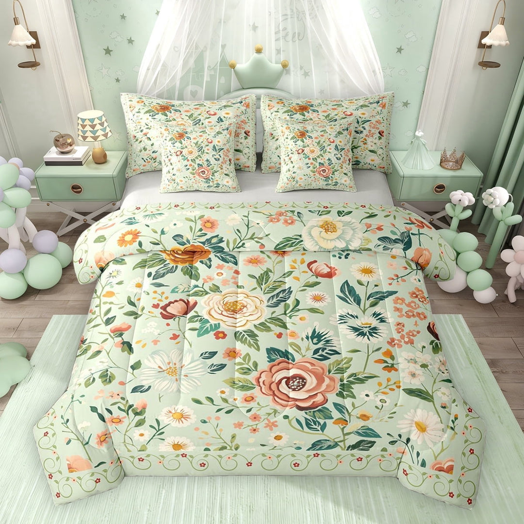 Erosebridal Tropical Floral Twin Bedding Sets, Vintage Flower Bedding Comforter Set for Girls, Green, Gray Reversible, 7-Piece
