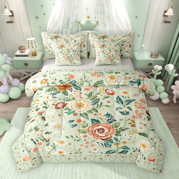 Erosebridal Tropical Floral Twin Bedding Sets, Vintage Flower Bedding Comforter Set for Girls, Green, Gray Reversible, 7-Piece
