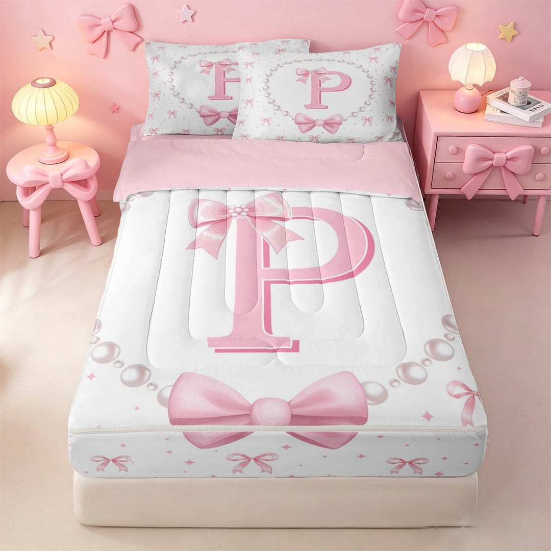 meiyoeat Pink Ribbon Bow Zipper Twin Comforter Sets with Fitted Sheet and 2 Pillowcases For Girls,Lovely Bowknot Alphabet Print P Zipper Bedding Set For Kids,Pink Reversible,4 Pieces