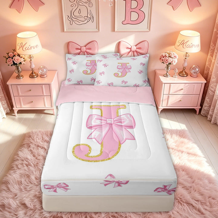 meiyoeat Cartoon Glitter Print Bow Zipper Full Size Comforter Sets with Fitted Sheet and 2 Pillowcases for Women Kids, Kawaii Monogram J Zipper Bedding Set, Pink, Pink Reversible, 4 Pieces