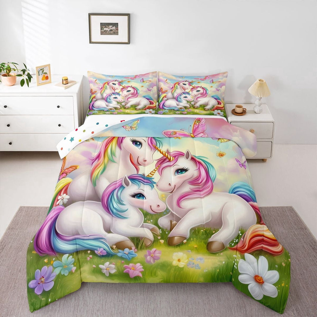 Manfei Dreamy Unicorn Full Size Comforter Sets,Magic Butterfly Bedding Comforter Set,Pastel Multicolor,Polkadot Reversible,3-Piece,1 Comforter and 2 Pillowcases