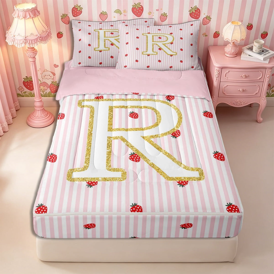 Meiyoeat Red Strawberry Kawaii Letter R Zipper Twin Comforter Sets with Fitted Sheet and 2 Pillowcases, Cartoon Fruit Stripes Print Zipper Bedding Set for Bedroom,4-Piece,Pink Reversible