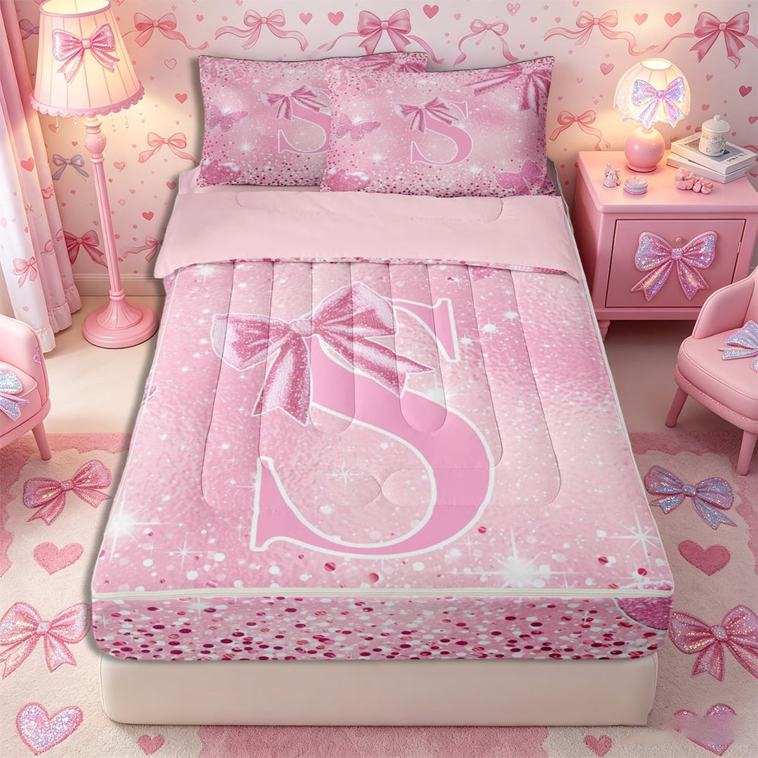 Meiyoeat Glitter Pink Letter S Zipper Full Size Comforter Sets with Fitted Sheet and 2 Pillowcases, Sparkle Bow Print Zipper Bedding Set for Bedroom,4pcs,Pink Reversible