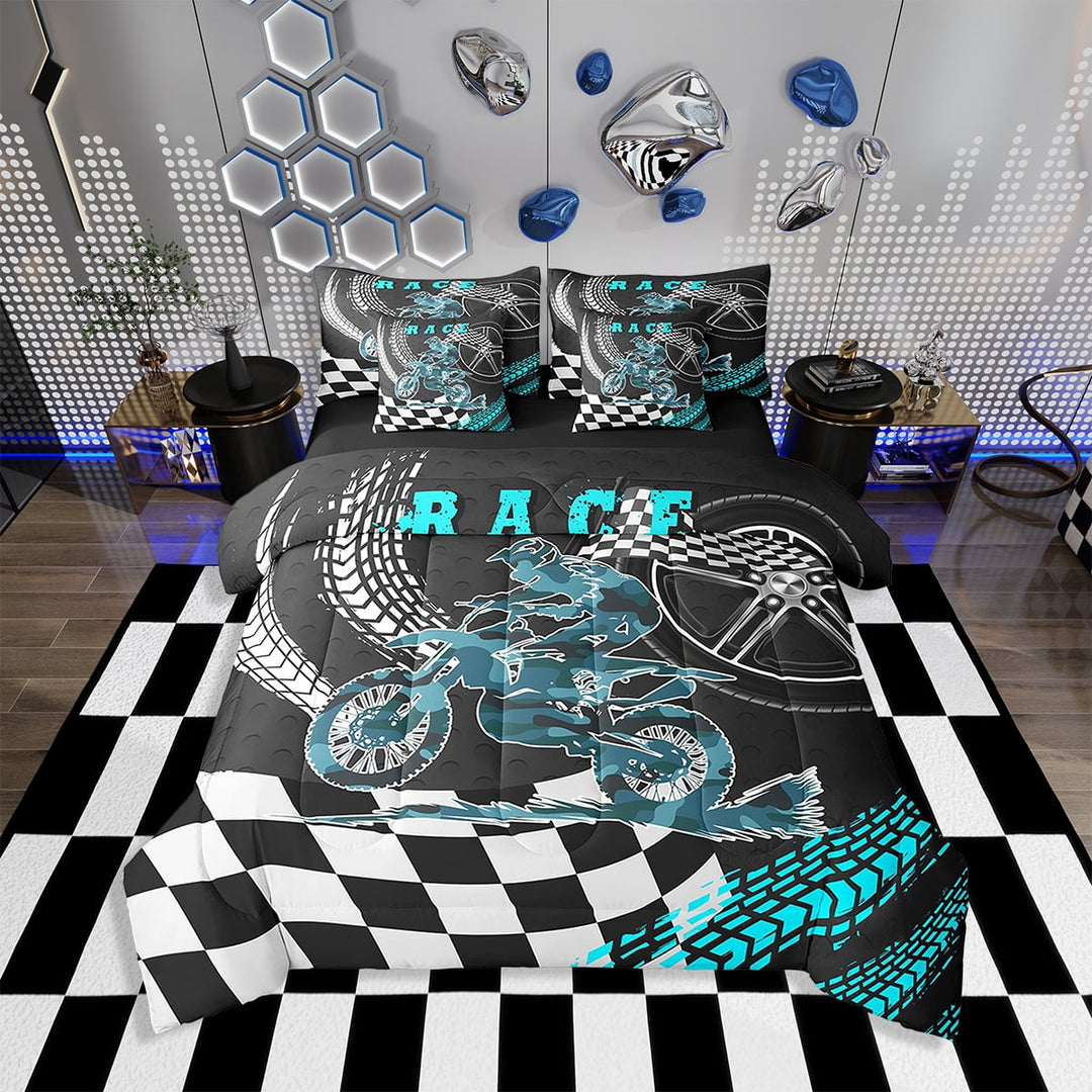 Racing Motorcycle Bedding Sets Dirt Bike Motocross Rider Comforter Set 7 Piece Bed in a Bag Twin ,Extreme Sports Moto Sheet Set with Comforter Motorbike Vehicles Bed Set