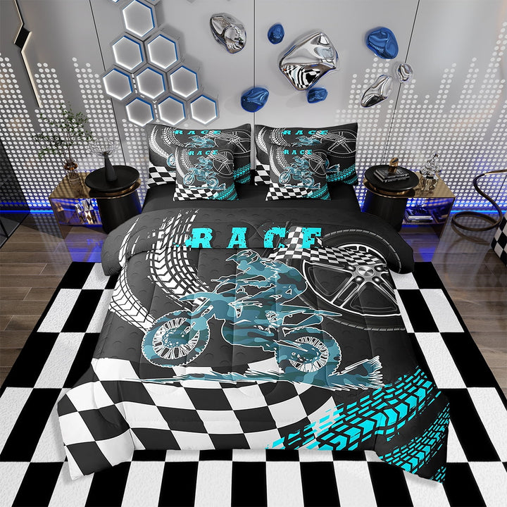 Racing Motorcycle Bedding Sets Dirt Bike Motocross Rider Comforter Set 7 Piece Bed in a Bag Twin ,Extreme Sports Moto Sheet Set with Comforter Motorbike Vehicles Bed Set