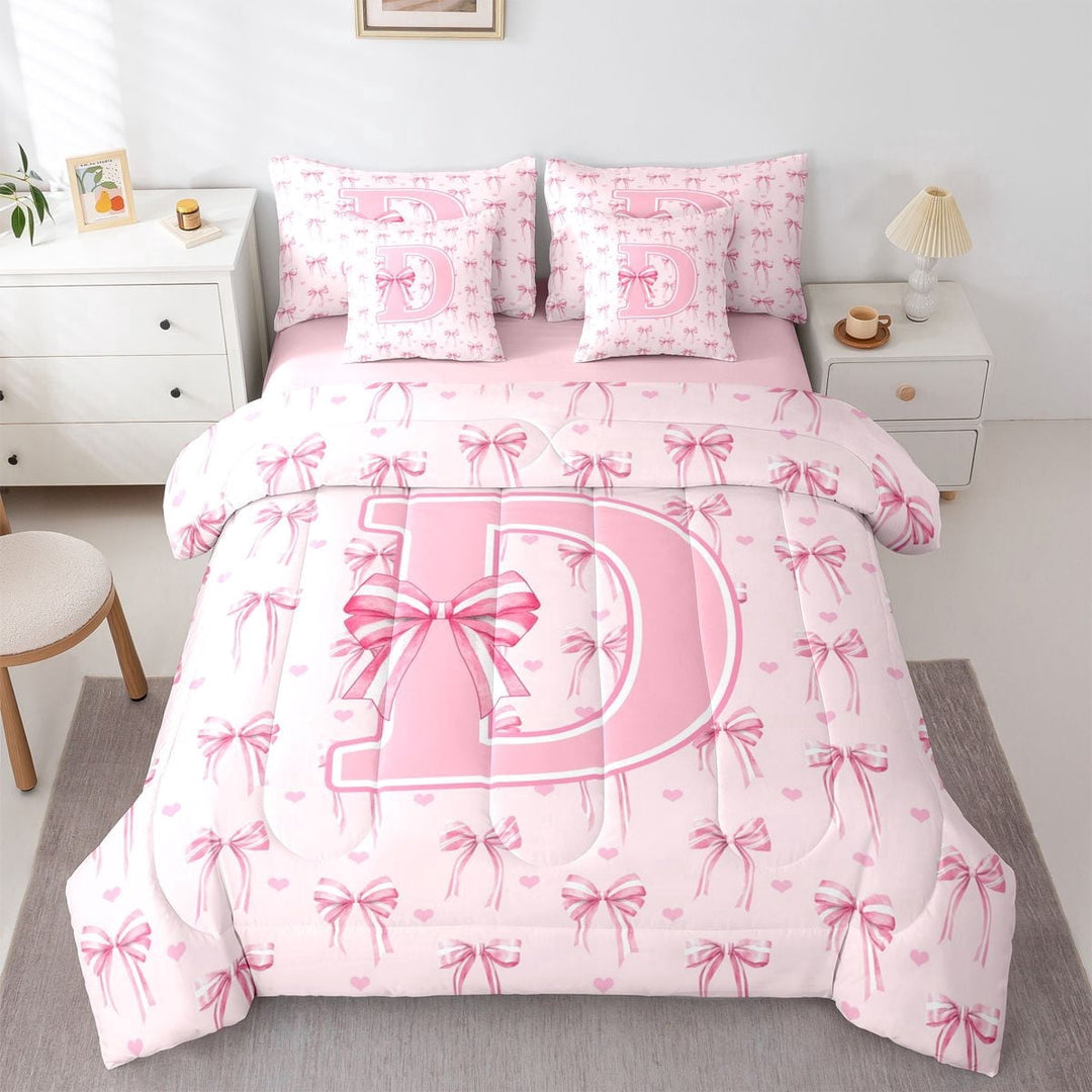 Erosebridal Pink D Personalized Initial Twin Bedding Sets 7-Piece For Girls Teens,Kawaii Ribbon Bow Knot Girl Bedding Comforter Set,Pink Reversible