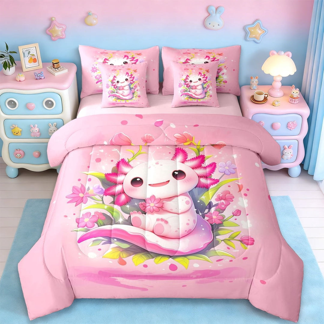 Erosebridal Pink Cute Axolotl 7-Piece Twin Bedding Sets,Kawaii Cherry Blossom Bedding Comforter Set For Girly,Reversible