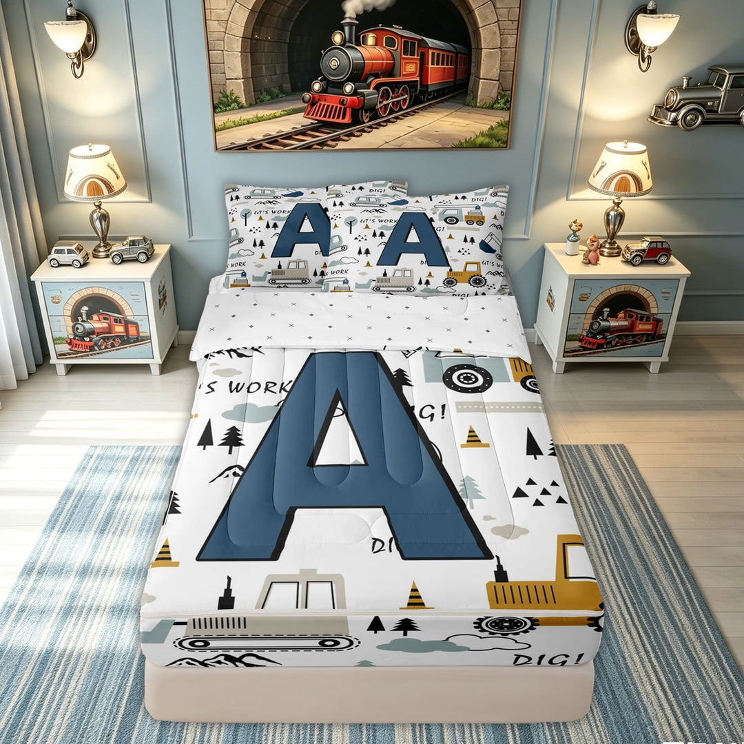meiyoeat Construction Letter A Zipper Comforter Set with Fitted Sheet and 2 Pillowcases for Boys, Truck Print Zipper Bedding Set for Bedroom, Blue, Reversible, 3pcs