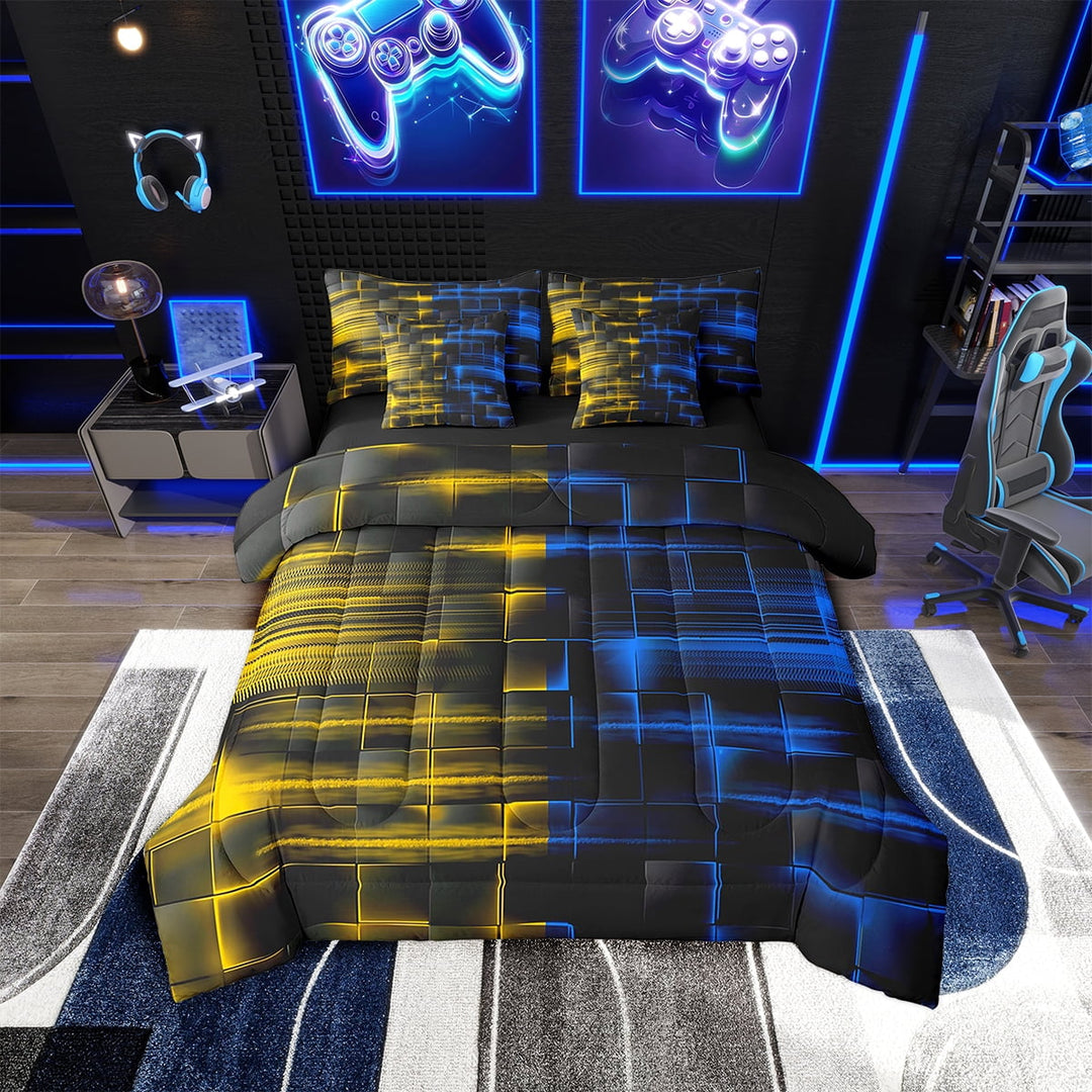 Erosebridal Blue and Yellow Comforter Set With Sheets7 piece Twin Size Geometric Bed in a Bag Geometry Strip Lines Bedding Set Abstract Art Bed Set with Comforter,Sheets,Pillowcases