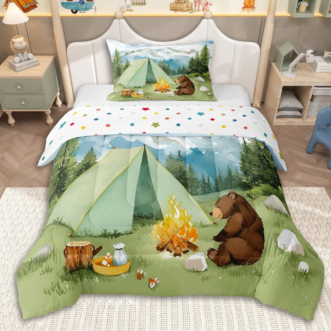 Erosebridal Cartoon Bear Twin Comforter Sets 3-Piece for Kids Teens,Camping Tent Bedding Set for Boys Girls,Lightweight Room Decor
