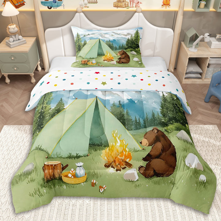 Erosebridal Cartoon Bear Twin Comforter Sets 3-Piece for Kids Teens,Camping Tent Bedding Set for Boys Girls,Lightweight Room Decor