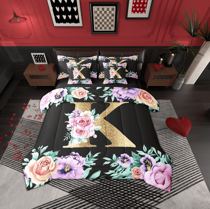 Erosebridal Gold K Bed in a Bag, Initial Letter Bed Set, Colorful Rose Reversible Comforter Sets, Breathable Room Decor, 7 Pieces