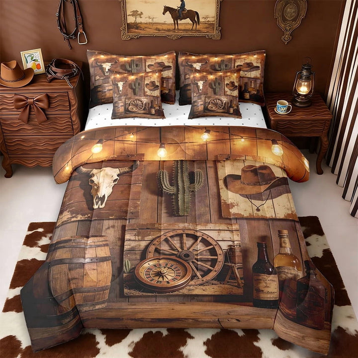 Erosebridal Country Western Cowboy 7pcs Bedding Comforter Set,Rustic Farmhouse Cabin Vintage Bull Skull Queen Bedding Sets For Men Adult,Reversible