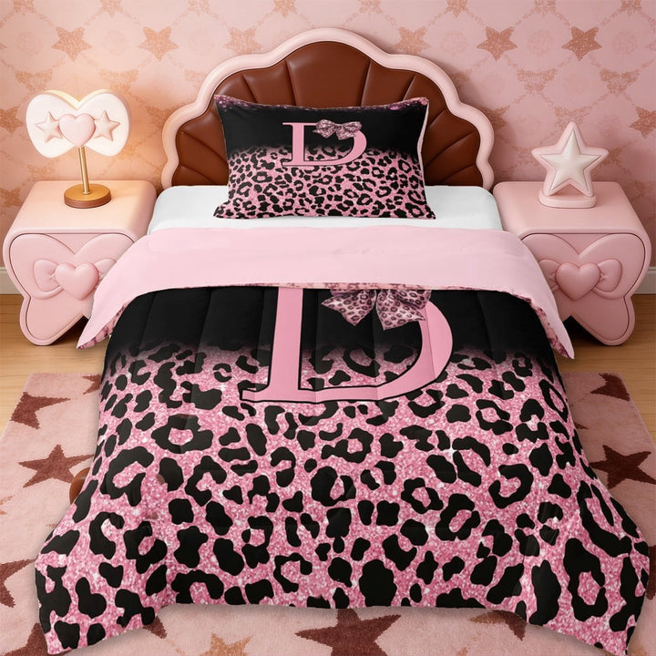 Erosebridal Initial Alphabet D Twin Comforter Sets,Wild Cheetah Print Kids Pink Bowknot Bedding Set For Leopard Lovers,Reversible pink,2 Pieces
