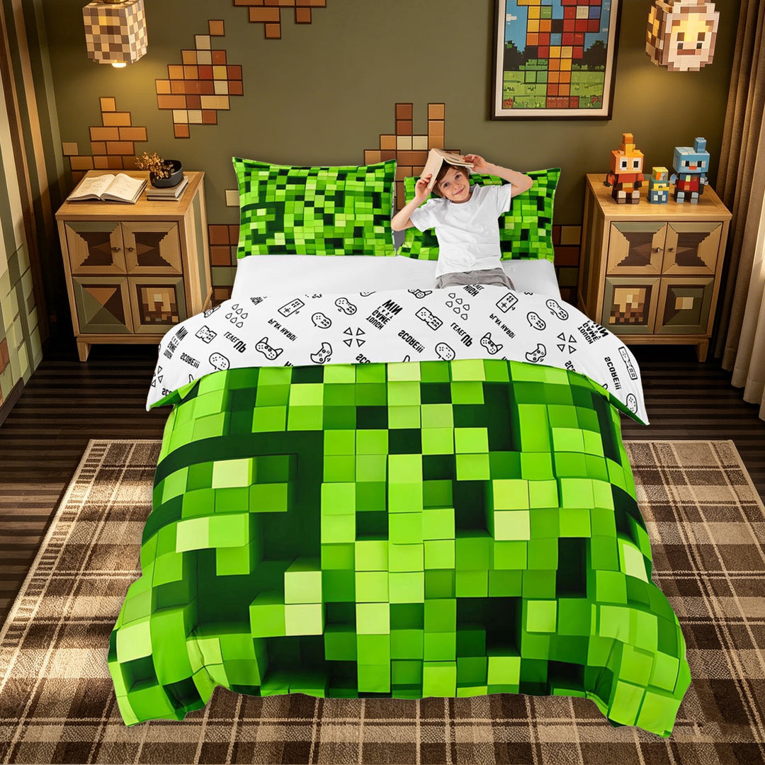 meiyoeat Bright Green Game Block Bedding for Kids Boys, Gaming Pixel Duvet Cover Full for Dorm, Gamepad Reversible, 3 Pieces