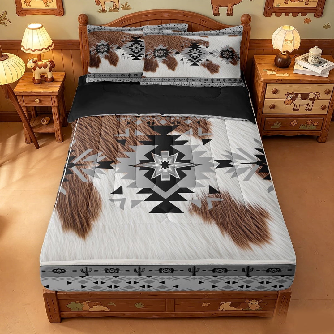 meiyoeat Rustic Cowhide Zipper Full Size Comforter Sets with Fitted Sheet and 2 Pillowcases,Tribal Aztec Zipper Bedding Set For Boys,Black White,Black Reversible,4 Pieces