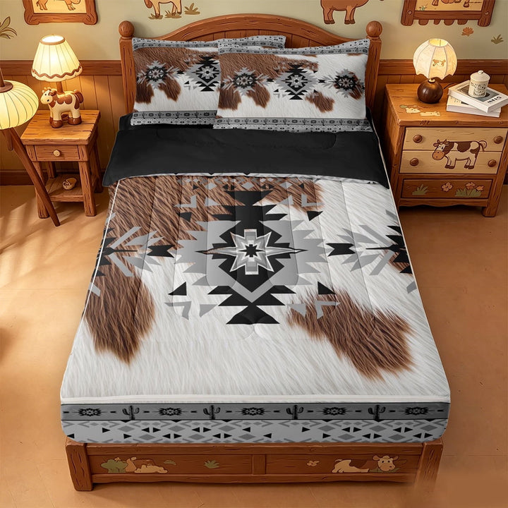 meiyoeat Rustic Cowhide Zipper Full Size Comforter Sets with Fitted Sheet and 2 Pillowcases,Tribal Aztec Zipper Bedding Set For Boys,Black White,Black Reversible,4 Pieces