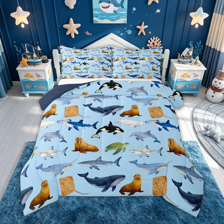 meiyoeat Watercolor Marine Animal Full Size Comforter Sets for Boys Girls, Dolphin Sea Turtle Shark Whale Ocean Bedding Comforter Set, Blue, Blue Reversible, 3-Piece, 1 Comforter and 2 Pillowcases