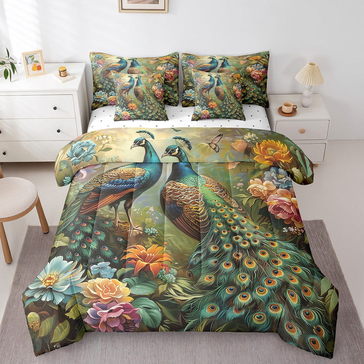 Peacock Feather Bed in a Bag King Size Comforter Set 7 Pieces,Peahen Bedding Sets Watercolor Peafowl Sheet Set with Comforter Flowers Rustic Aesthetic Animal Room Decor