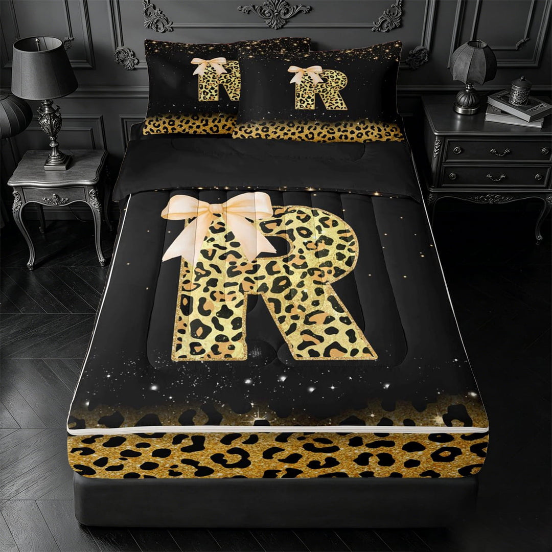 meiyoeat Gold Sparkle Monogram R Zipper Full Size Comforter Sets with Fitted Sheet and 2 Pillowcases,Leopard Glitter Bow Initial Print Zipper Bedding Set For Girl,Black Reversible,4 Pieces