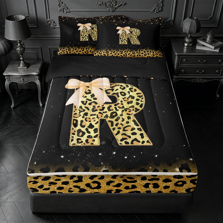 meiyoeat Gold Sparkle Monogram R Zipper Full Size Comforter Sets with Fitted Sheet and 2 Pillowcases,Leopard Glitter Bow Initial Print Zipper Bedding Set For Girl,Black Reversible,4 Pieces