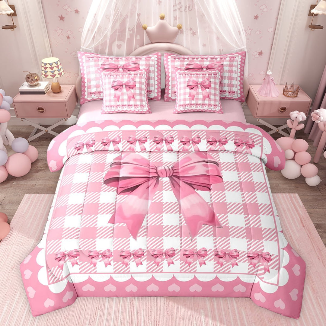 Feelyou Teens Princess Bow-tie Twin Bedding Sets 7-Piece, Kawaii Cute Bowknot Bow Bedding Comforter Set, Girly Pink Buffalo Check Reversible Sheet Sets, Breathable Home Decor