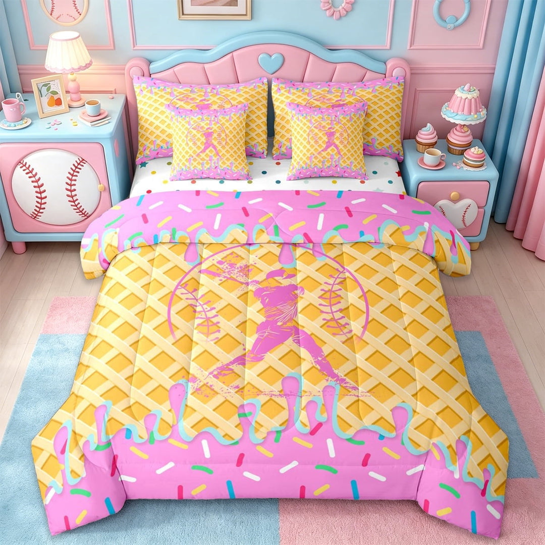 Erosebridal Pink Ice Cream Drip 7-Piece Twin Bedding Sets For Kids,Baseball Gamer Girls Bedding Comforter Set,Reversible