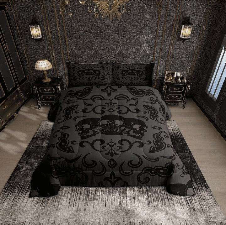 Black Gothic Skull Bedding Set Halloween King Bedding Comforter Sets For Teen Men,Vintage Black Grey Damask Comforter Set Antique Victorian Baroque Floral Quilt Reversible,2 Pillow Cases