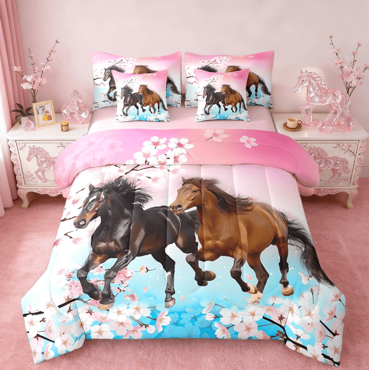 Manfei Girls West Horse 7 Pieces Bedding Comforter Set,Pink Cherry Blossom Farmhouse Western Full Bedding Set For Girl Women Reversible