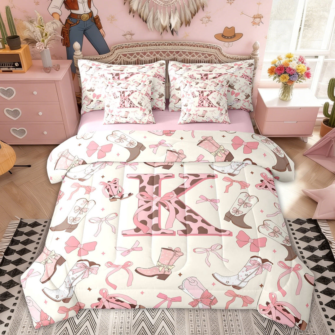 Erosebridal Cartoon Bow Cowboy Boot Twin Bedding Sets, Initial K Letter Bedding Comforter Set for Girls, Pink Reversible, 7-Piece