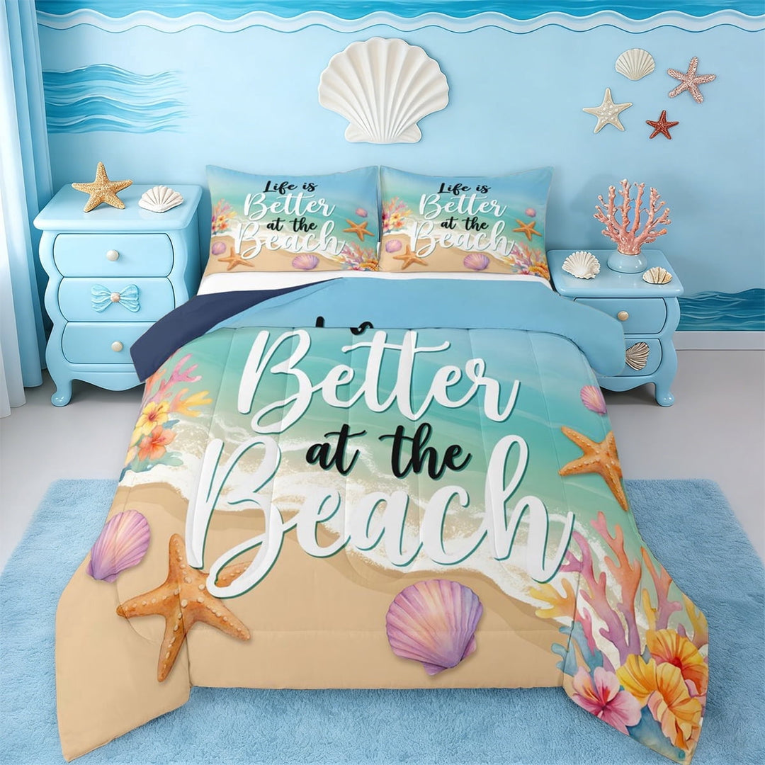 Erosebridal Watercolor Sea Coral Kids Full Size Comforter Sets,Ocean Beach Theme Hawaii Summer Holiday Bedding Sets For Girls,Reversible Navy Blue,3 Pieces