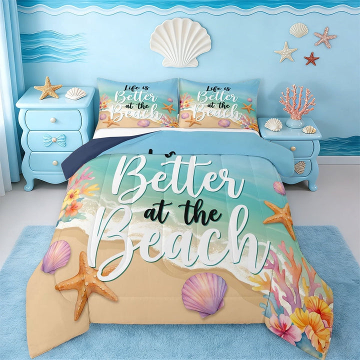 Erosebridal Watercolor Sea Coral Kids Full Size Comforter Sets,Ocean Beach Theme Hawaii Summer Holiday Bedding Sets For Girls,Reversible Navy Blue,3 Pieces