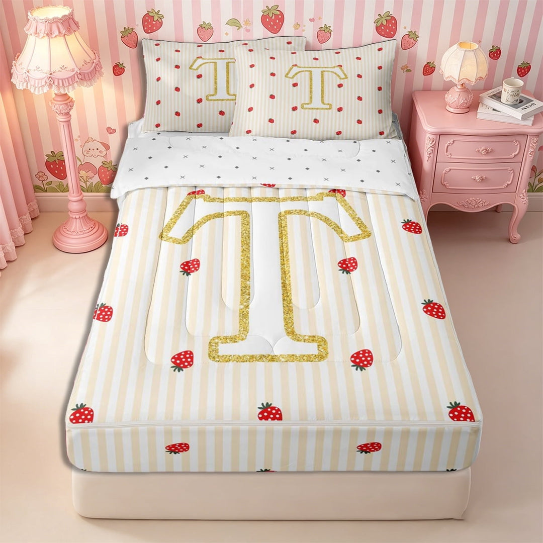 Meiyoeat Cute Strawberry Initial T Zipper Full Size Comforter Sets with Fitted Sheet and 2 Pillowcases, Gold Stripe Print Zipper Bedding Set for Bedroom,4pcs