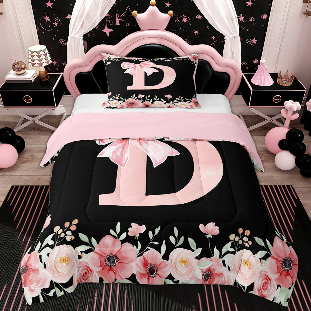 Erosebridal Princess Bow D Twin Comforter Sets, Spring Flower Bedding Set, Pink Reversible, 2 Pieces