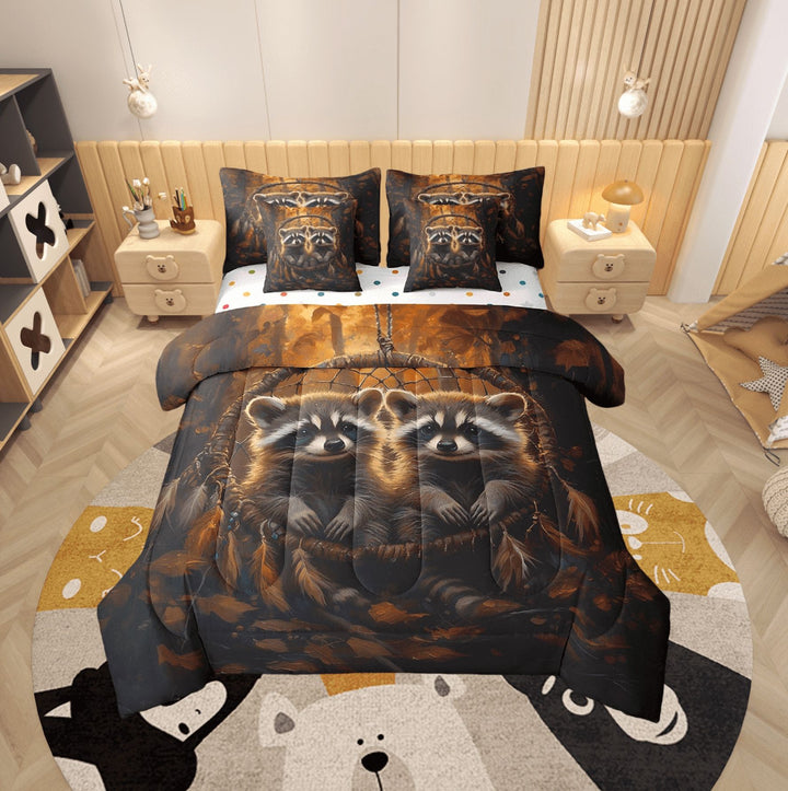 Raccoon Bed in a Bag Queen Comforter Set 7 Piece,Dream Catcher Sheet Set with Comforter,Boho Feather Bedding Sets,Woodland Animals Bed Set Exotic Bohemian Decor