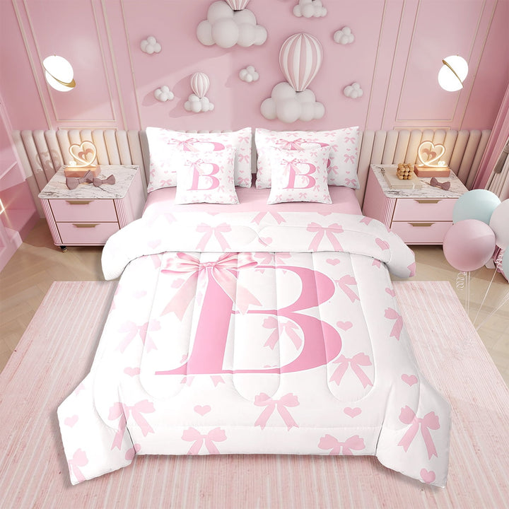 Pink Bow Twin Bedding Set 7 Pieces,Princess Style Bowknot Love Hearts Girly Fairy Comforter Set with Sheets ,Initial Letter B Chic Romantic Bed Set in a Bag with Pillow Covers